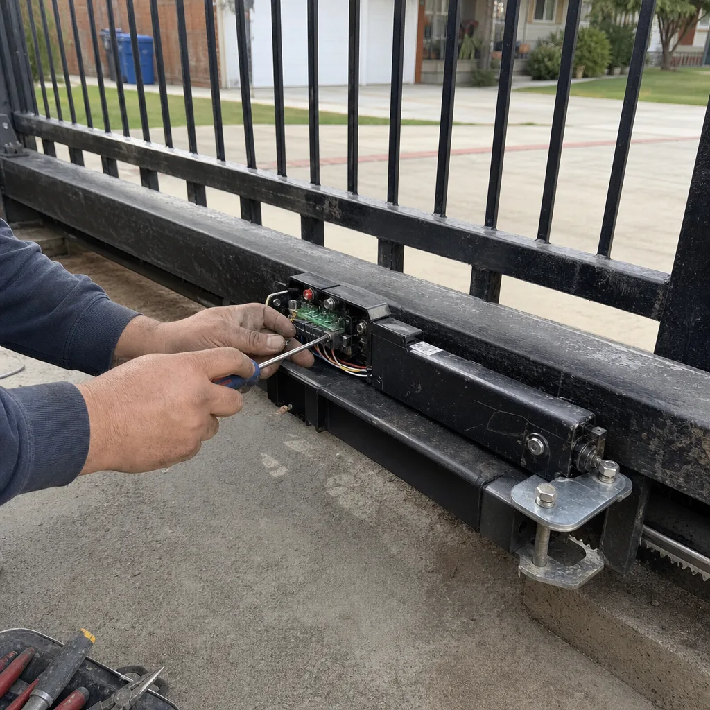 Technician performing professional electric gate repair on a sliding gate system