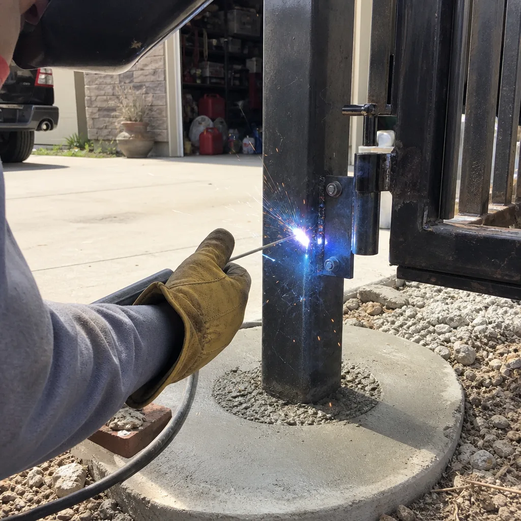 Professional technician performing gate installation and welding repair on a metal gate