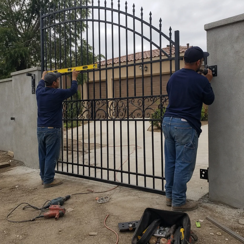 Two professionals installing a black metal gate on residential property