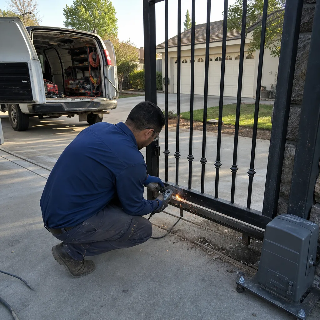 Technician using an angle grinder to perform professional metal gate repair