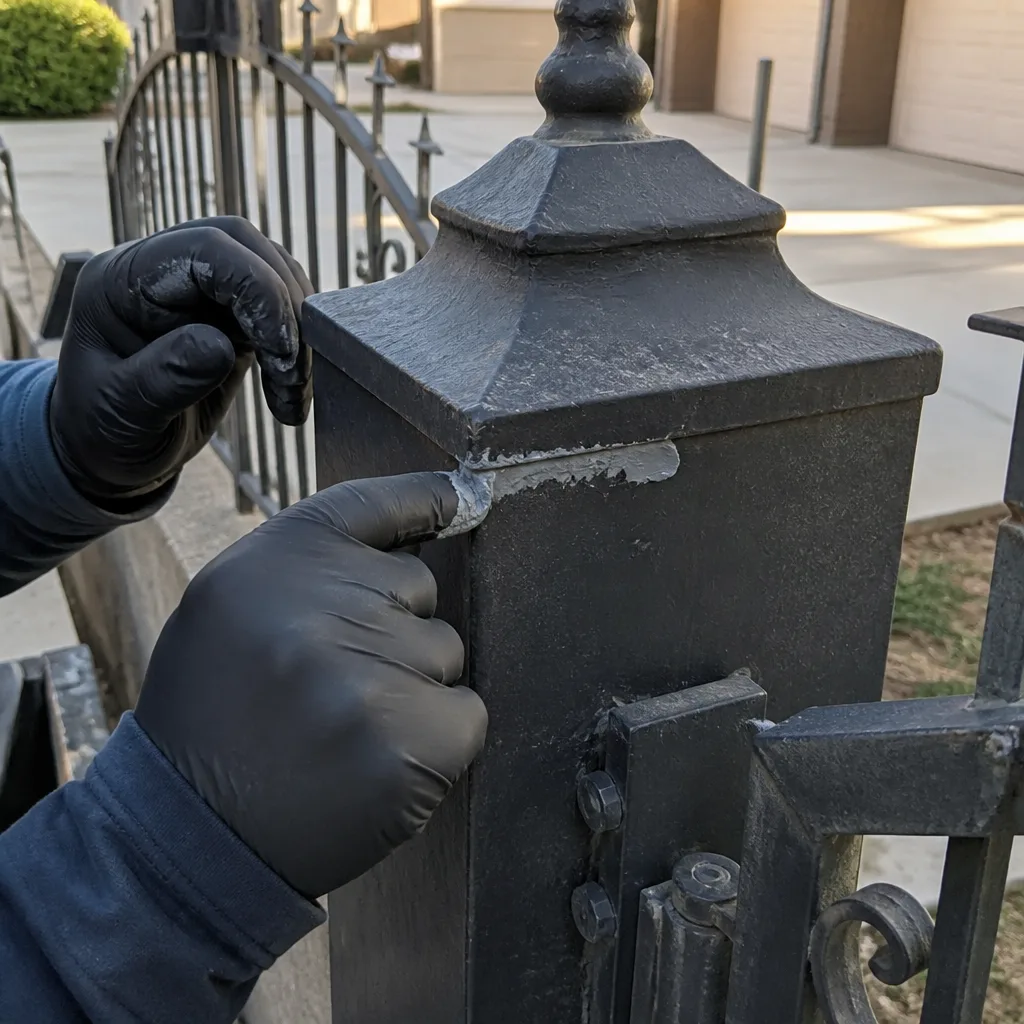 Professional applying sealant to metal fence post for gate repair